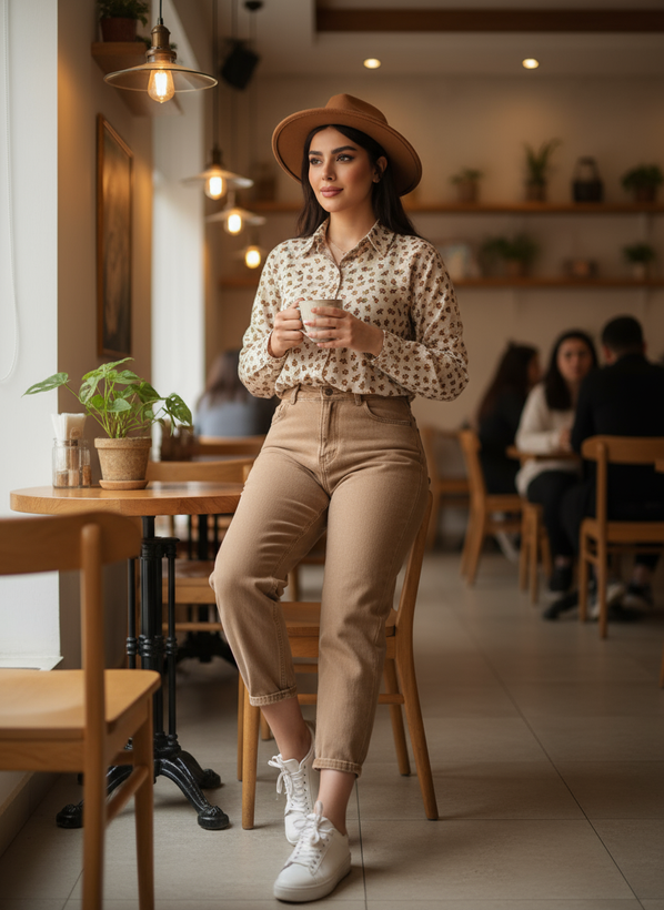 شومیز لینن کوتاه طرح گل برند FASHION
