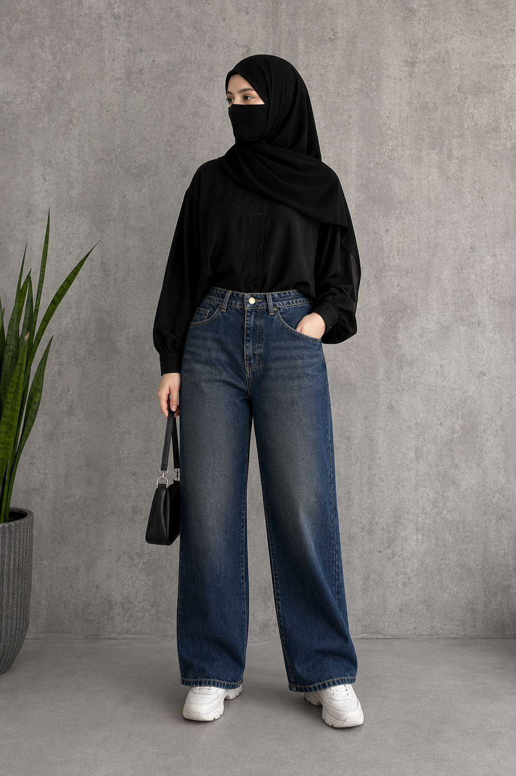 شلوار جین نیم بگ (نیمبگ ) زنانه سنگشور کثیف تیره پارچه کویر کد 25/1