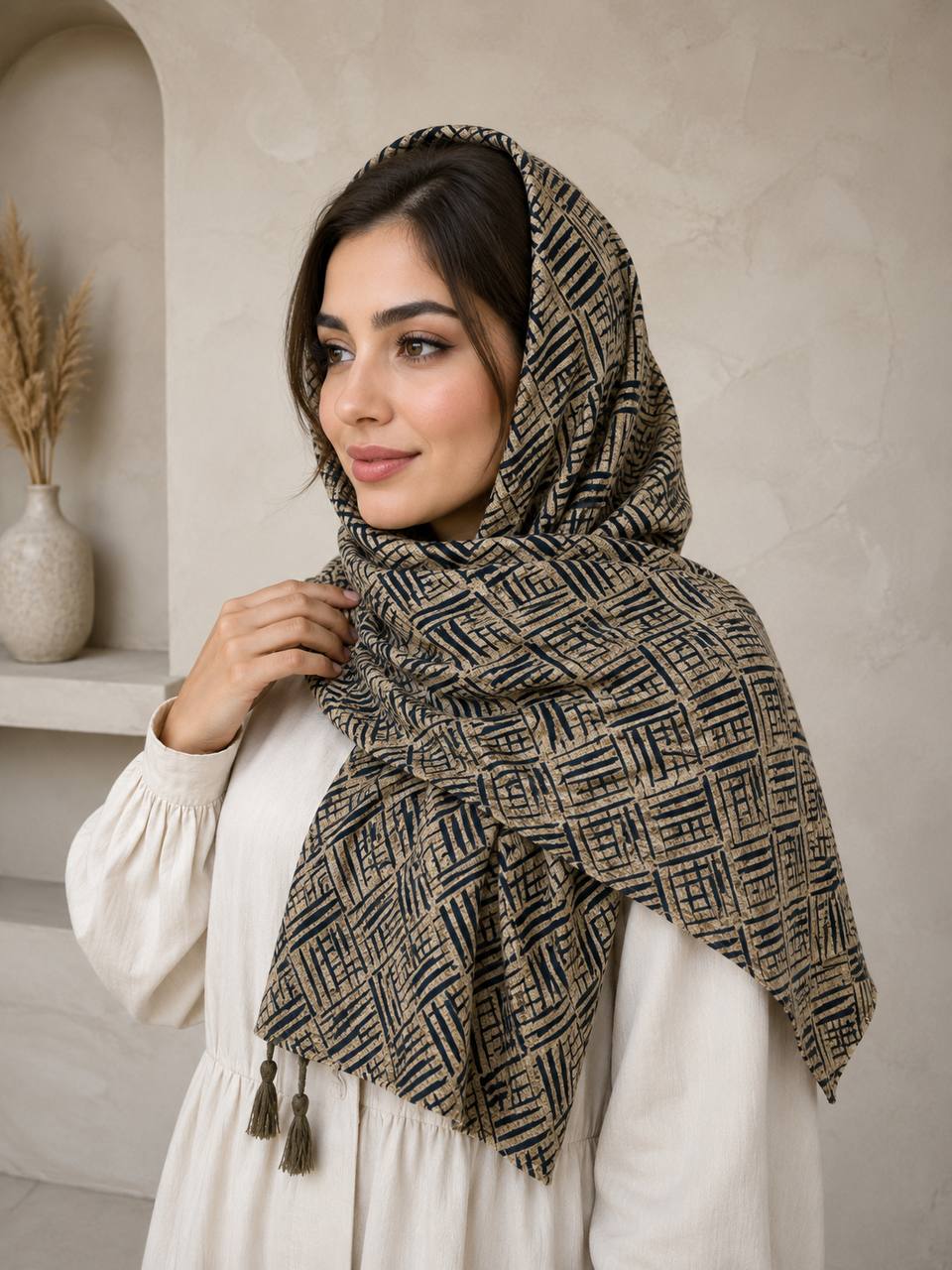 شال نخی زنانه طرحدار خطی با پارچه سبک و لطیف