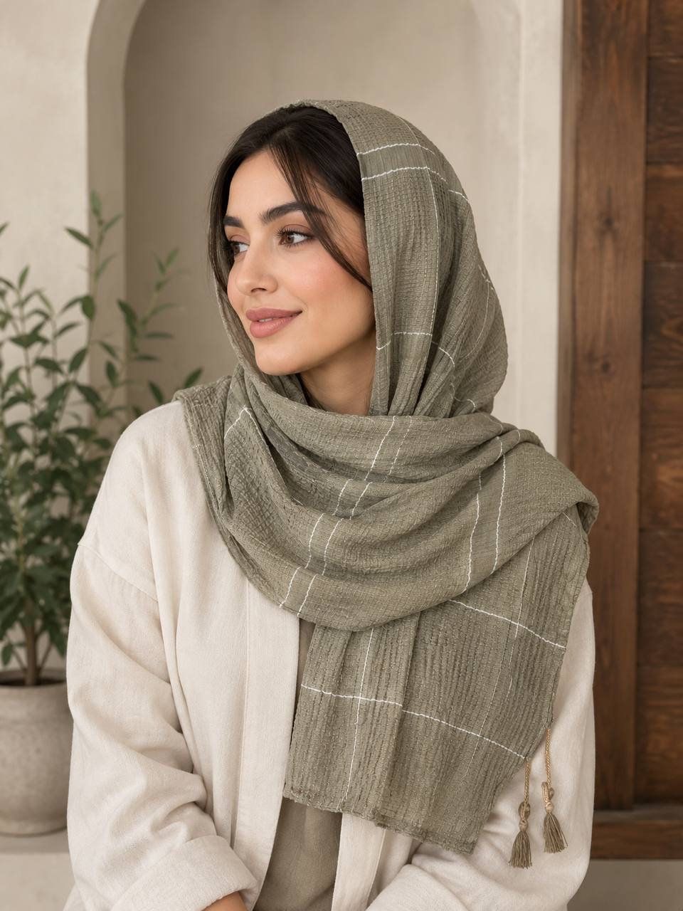 شال نخی زنانه پیلی‌دار چهارخانه با طرح کلاسیک