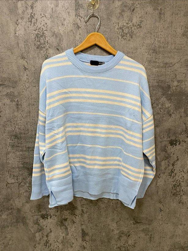 بافت زنانه راهراه رنگی بغل چاکدار آبی