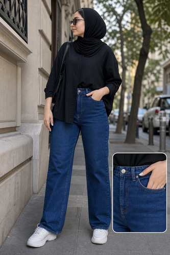 تنخور شلوار جین زنانه واید سرمه ای با فرم گشاد و استایل اسپرت